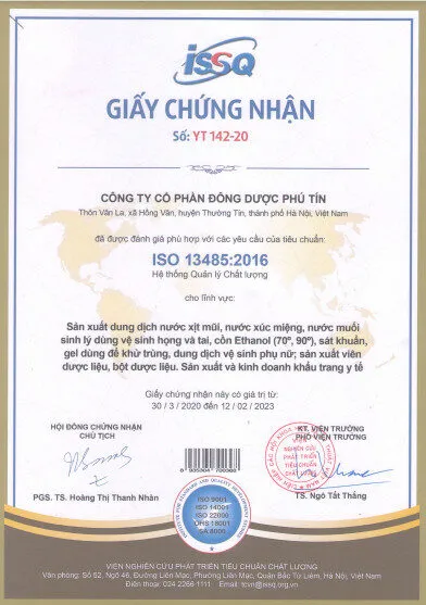 Chứng nhận của Công ty Dược phẩm Phú Tín