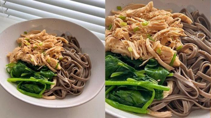 Ức gà xé với mì soba